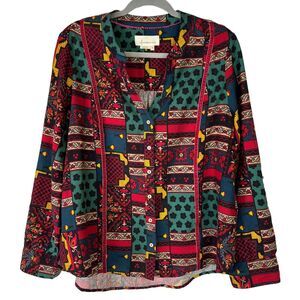 Anthropologie Medium Flannel Lounge Sleep V-neck Shirt Top Roll Up Sleeve